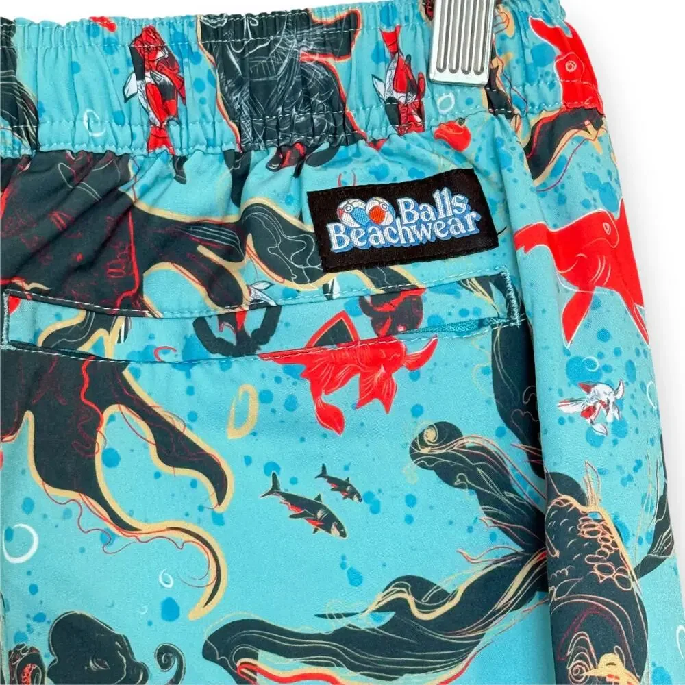 Rare Balls Beachwear Dive School Blue‎ Ocean Print Swim Trunks Barstool Sports L